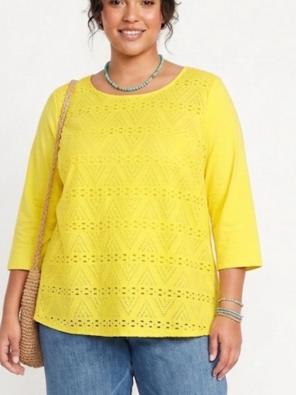 Coldwater Creek‎ Yellow Eyelet Button-Back 3/4 Length Sleeve Feminine  Top 2X
